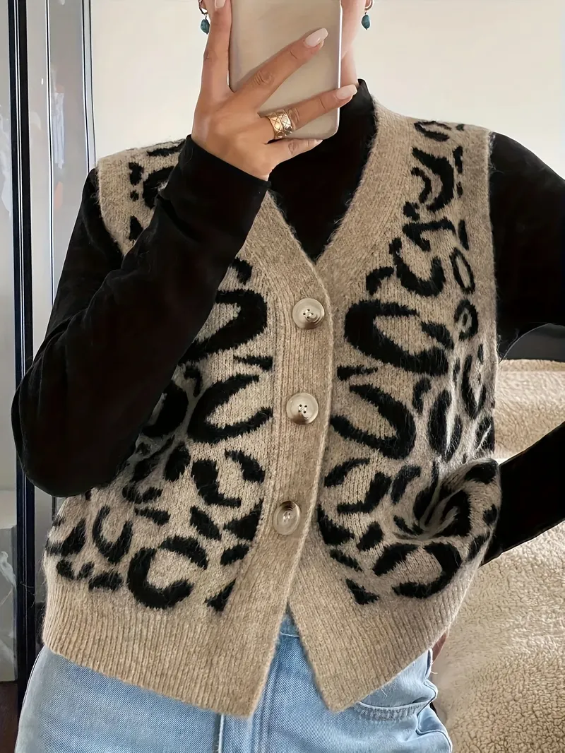 Neue Herbst- und Wintermode für Damen, elegant, V-Ausschnitt, offene Knopfleiste, Kragen, Knopfleiste, ärmellos, Leopardenmuster, stilvoll, einzigartig, Nische