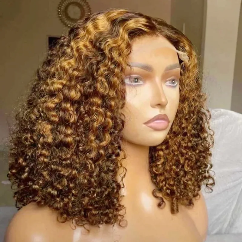 Highlight-Farbe, kurze Bob-Perücke, tief lockig, 13 x 4 Spitzenfront-Echthaar-Perücken, 220 % Dichte # 4/27 Highlight Brown Deep Curly Bob Perücke