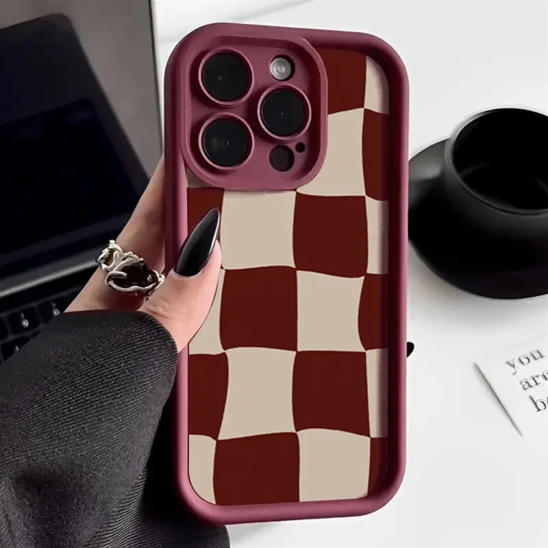 Weinrote Handyhülle mit verformtem Gittermuster für iPhone 17 Air 16 15 14 13 12 11 Pro Max X XS XR 7 8 Plus 16e, stoßfeste Softcover