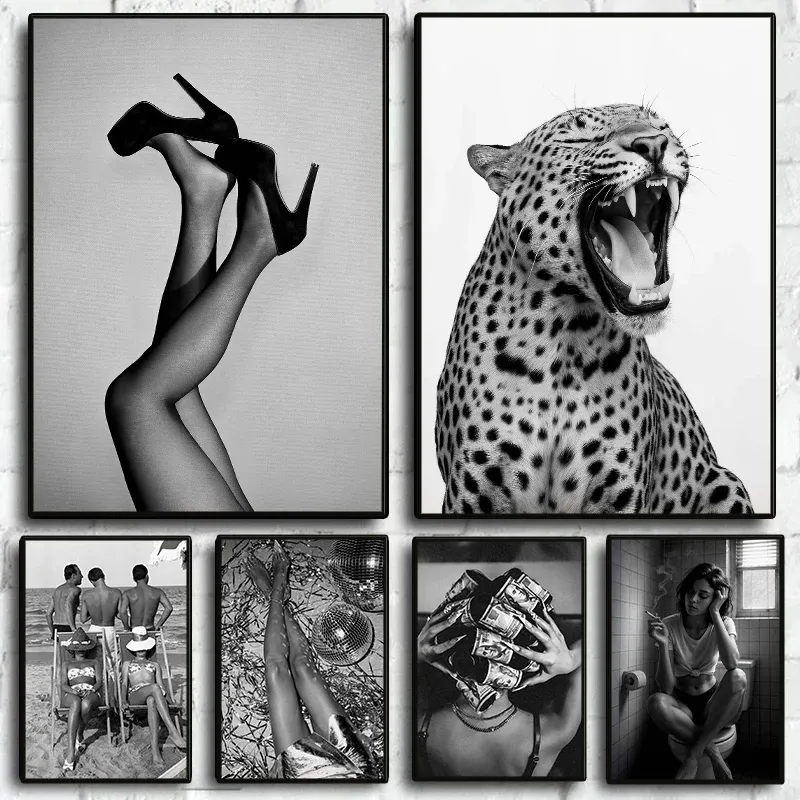 Stilvolle Mode Schwarz und Weiß Poster Sexy Weibliche Leopard Vintage Leinwand Malerei Luxus Wand Kunst Wohnzimmer Wohnkultur Wandbild