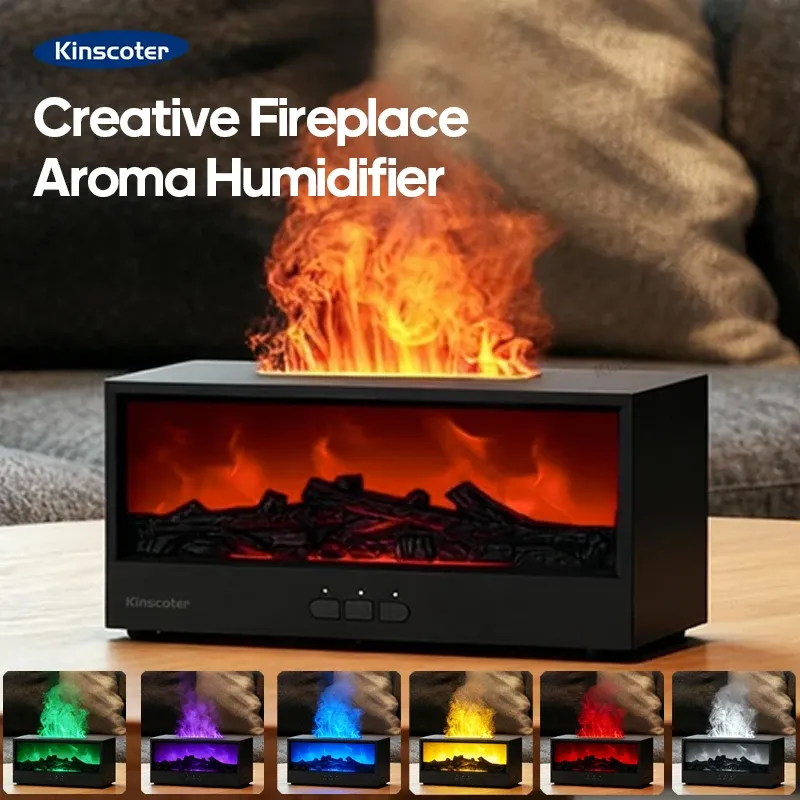 Kreativer Kamin-Aroma-Diffusor, Flammen-Luftbefeuchter, bunte Lichter mit Fernbedienung für Zuhause, Büro, Urlaubsgeschenke/Set mit ätherischen Ölen