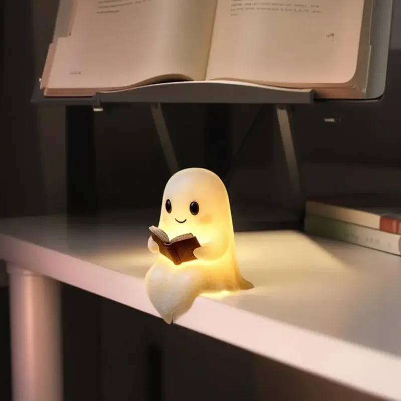 Neue süße Geister-Leselampe, bezauberndes Geister-Nachtlicht für Weihnachtsdekoration, Buchliebhaber, Cartoon-Geist-Nachttischlampe zum Lesen