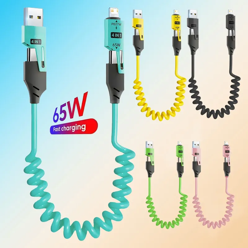 4-in-1 USB Typ C Auto Feder Schnellladekabel 6A Micro USB Teleskop Short Lightning für iPhone iPad Samsung Xiaomi Huawei