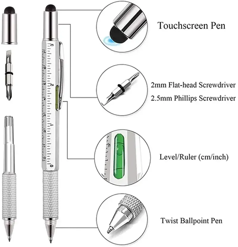 7-in-1-Multifunktionsstift, Touchscreen-Stylus, kapazitiver Stift mit Schraubendreher, Lineal, Nivelliergerät, nachfüllbares Kugelschreiber-Werkzeug