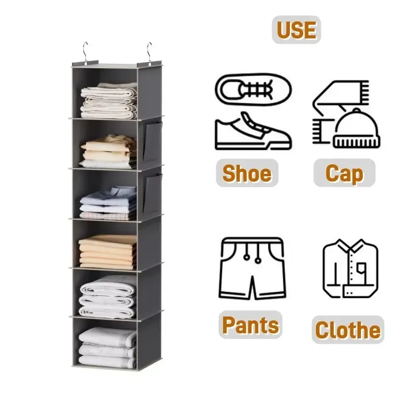 Hängender Schrank-Organizer und Aufbewahrung, faltbare Hängeaufbewahrungsregale mit 6 Regalen und 2 Haken für Schuhkappen, Kleidung, Hosen