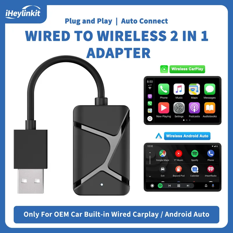 iHeylinkit Neuer 2-in-1 Kabelgebundener zu Kabelloser CarPlay-Adapter Android Auto Dongle Smart Box 5GHz WLAN Typ-C/USB Auto-Zubehör