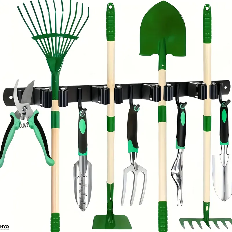 1 Robuster Metall-Werkzeughalter mit 4 Schlitzen und 5 Haken - Wandmontierter Halter für Gartenwerkzeuge, Besen, Mopps und Garagenausrüstung, Werkzeughalter St