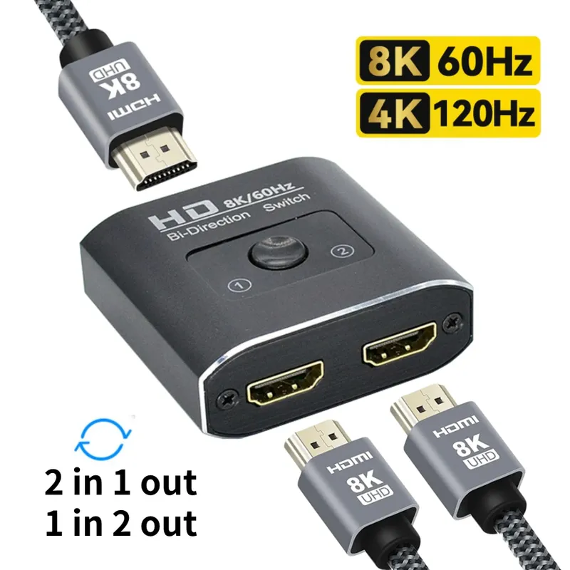 8K 60Hz HDMI Switch 2 Ports 2 In 1 Out Video Splitter für Laptop PC Xbox PS3/4/5 TV Box zu Monitor TV Projektor Adapter