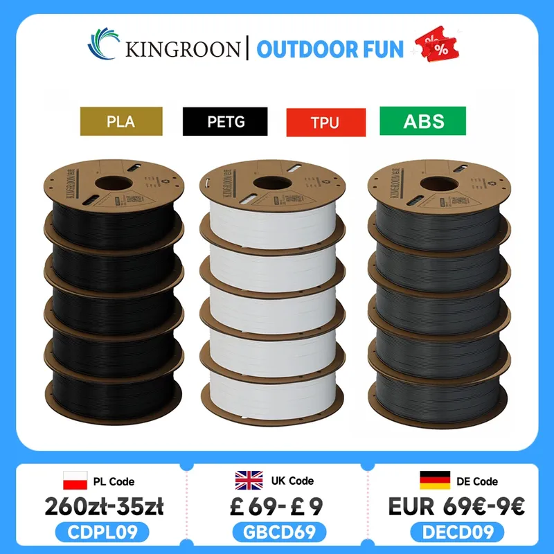 KINGROON 3D-Drucker-Filament PLA PETG TPU ABS 5 kg Bündel Schwarz Weiß Grau 1,75 mm Keine Blasen Kunststoff 5 Rollen 1 kg, zufällige Spule