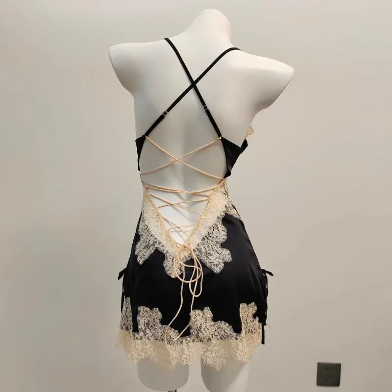 Sexy Pyjamas für Damen, Nachtwäsche, Eisseide, Spitze, schöner Rücken, Hosenträger, Pyjama, Nachtkleid, eleganter Riemen, süßes Nachthemd 2025,