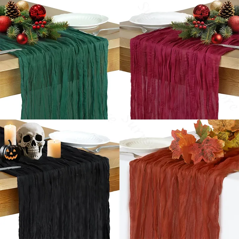 Weihnachten Grün Rot Burgund Käsetuch Tischläufer Boho Rustikale Gaze Terrakotta Tischläufer für Hochzeit Party Geburtstag Dekor