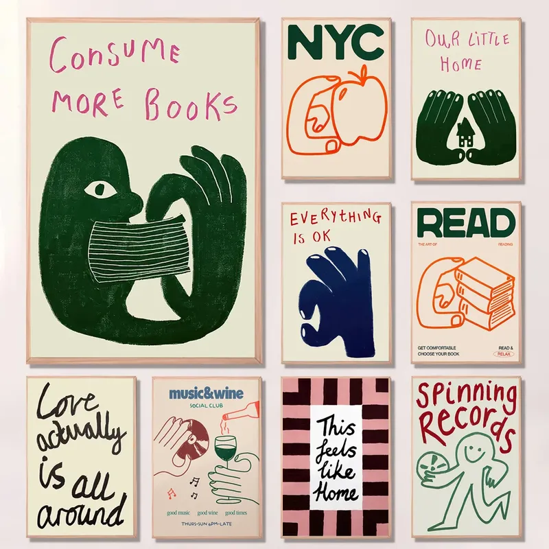 Interessantes Schild, mehr Bücher, abstraktes Leinwanddruck-Poster, handgezeichnete Illustration, Kunstdrucke, Wand, Wohnzimmer, Kunst, Heimdekoration