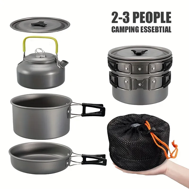 Outdoor-Camping-Kochgeschirr-Set aus Aluminiumlegierungsmaterial, nicht leicht zu kleben, um den Topf verschachtelte Verpackung bequem zu tragen