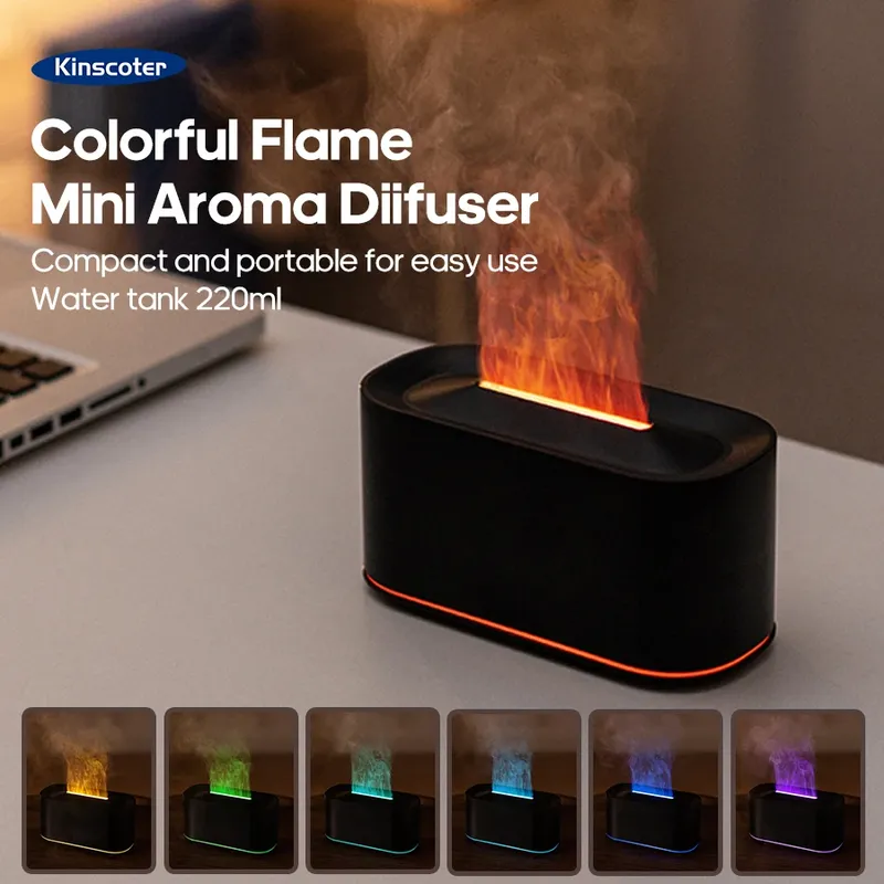 Mini Aroma Diffusor Aromatherapie Realistische Flammenlichter Farbenfroher RGB Luftbefeuchter Desktop USB Sprüher/Ätherisches Öl Set