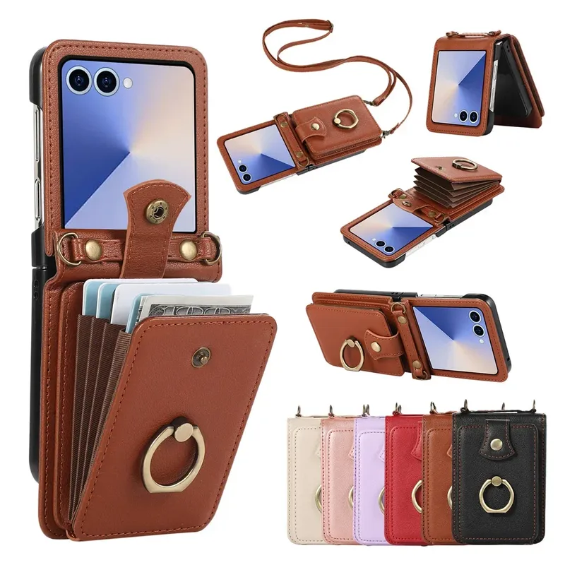 Leder-Brieftaschen-Handyhülle für Samsung Galaxy Z Flip 7, 6, 5, 4, 3, Flip7 FE, mit Fingerring-Kartenhalter und Umhängeband