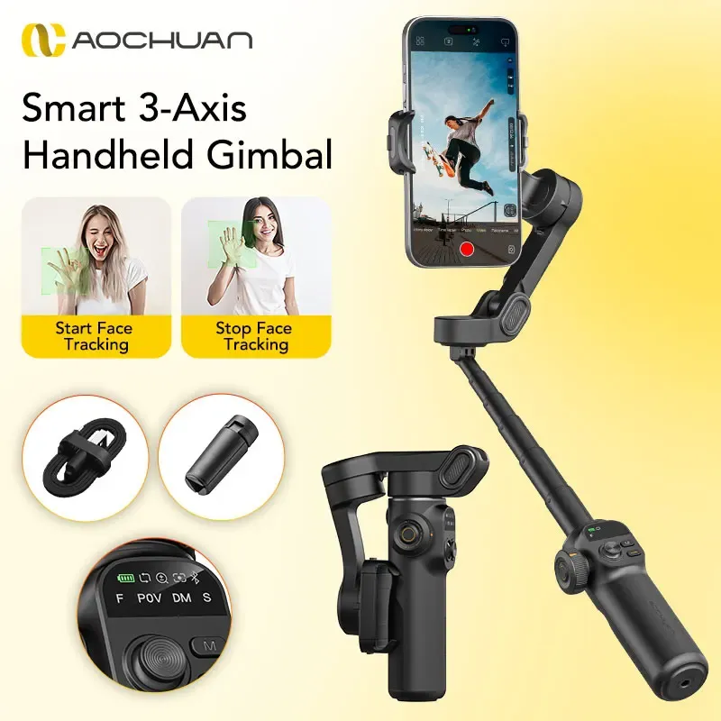 AOCHUAN Smart X2 Schwarzer 3-Achsen-Hand-Gimbal-Stabilisator mit Verlängerungsstange für iPhone und Android Smartphone Gimbal-Stabilisator