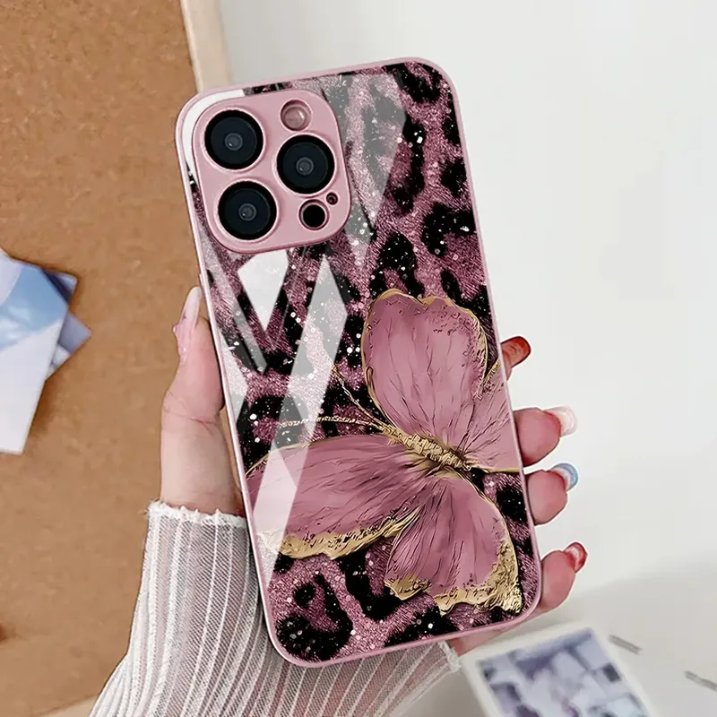 Schmetterlings-Leoparden-Druck-Handyhülle für iPhone 17, 16, 14, 13, 11, 12, 15 Pro Max Air 16E, 8, 7 Plus, XR SE, gehärtetes Glas, Silikonhülle