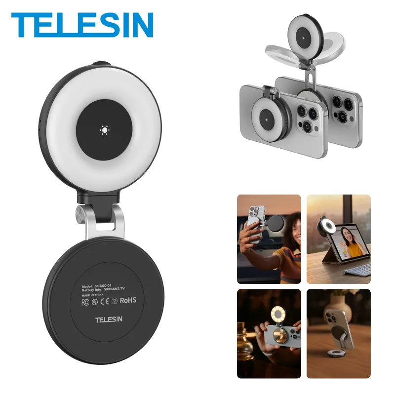 TELESIN Magnetisches Fülllicht, Mini-Selfie-Ring-Fülllicht, 3 Modi, mit Spiegellicht, universell für Smartphone, iPhone und Android