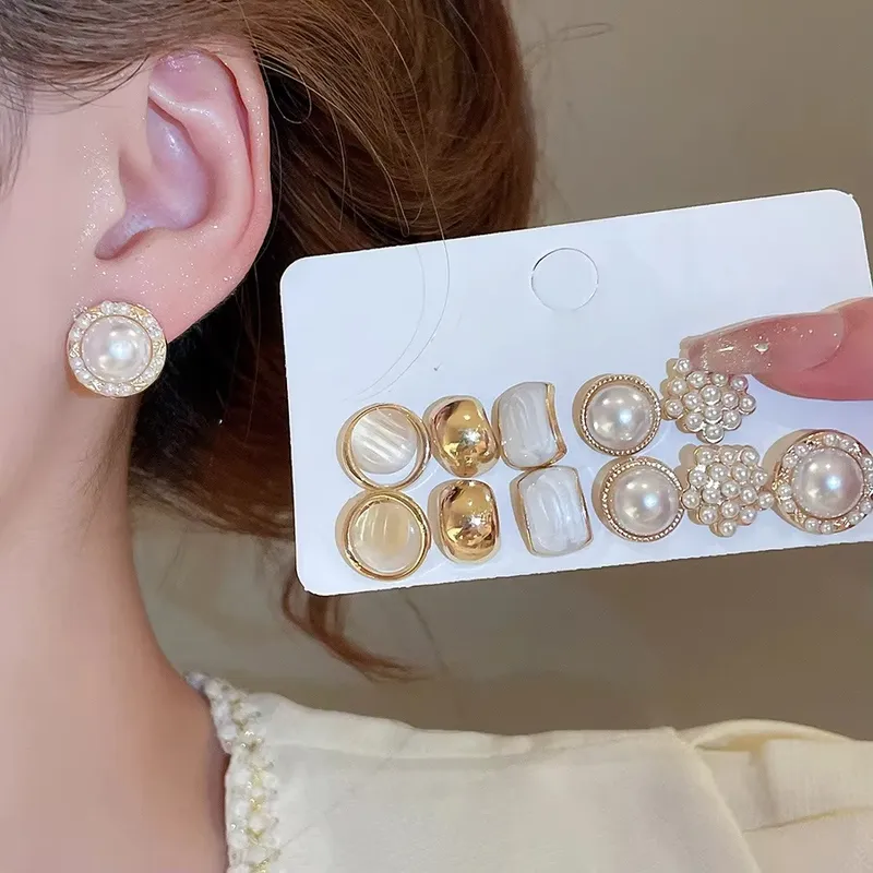 6/10/12 Stück Simulierte Perle Runde Quadratische Ohrstecker Kleine Französische Elegante Daity Ohrstecker für Frauen Tägliche Schmucksets F