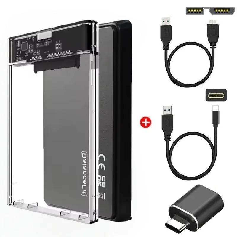 Transparentes/schwarzes Festplattengehäuse, Festplattengehäuse, 2,5 Zoll SSD, SATA auf USB 3.0 Typ-C-Adapter, tragbare externe Festplattenbox, ohne Werkzeug