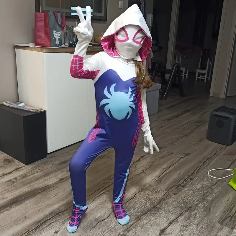 Mädchen Gwen Stacy Spider Kostüm Bodysuit Overall Erwachsene Kinder Halloween Cosplay Party Kostüm Fantasy Dress Up Maske Hoodies Anzug