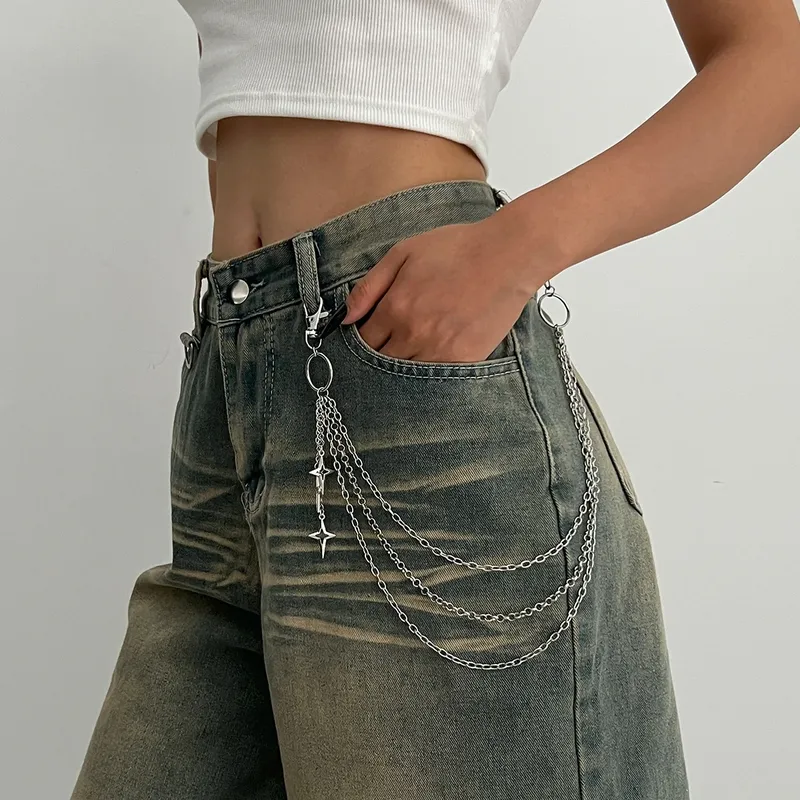 Salircon Punk Mehrschichtige Metall-Stern-Anhänger Hosenkette Hip-Hop Taillenkette Schlüsselanhänger Jeans-Kette Damen Trendiger Schmuck Accessoires Geschenke