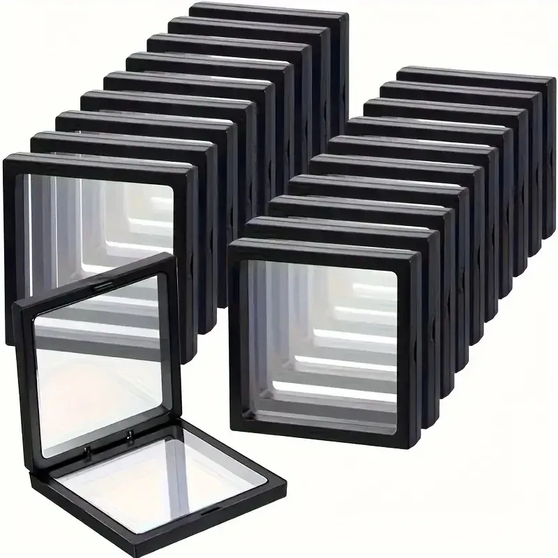 20 Stück Clearview 3D Floating Display Cases, staubdichte Acryl-Schmuckaufbewahrungsbox mit elastischer Folie, transparenter Hänge-Organizer