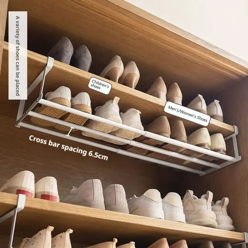 Verstellbares Schuhregal |   Platzsparender mehrlagiger Organizer für Schuhschränke zu Hause |   Schuhhalter unter dem Regal mit Hängekorb