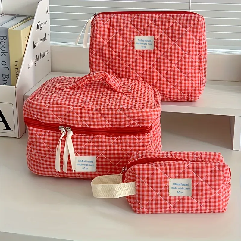 Karierte Make-up-Tasche, große Kapazität, tragbare Kosmetiktasche für Frauen und Mädchen, Hautpflege-Kulturbeutel, multifunktional, niedliche Geldbörse