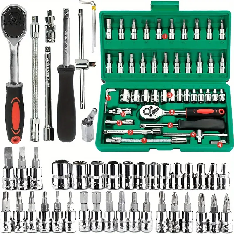 46-teiliges Familienwerkzeug, 1/4-Set, Mechaniker-Werkzeug-Set für die Autoreparatur, Gehäuse mit Steckdosen, metrischer Sechskant-Bit-Steckschlüsselsatz, Zoll Ratschenschlüssel