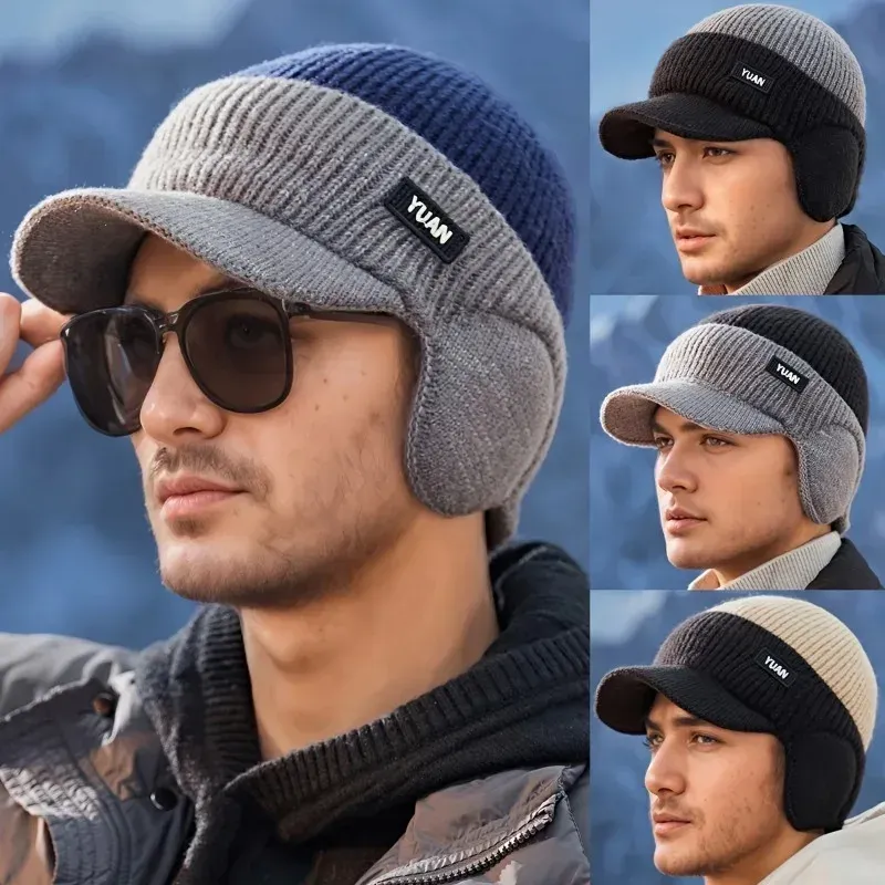 Zweifarbige gestrickte Baseballkappe – Outdoor-Aktivitäten |   Modische Papa-Mütze mit Gehörschutz |   Perfekt für Paare. Hüte für Männer