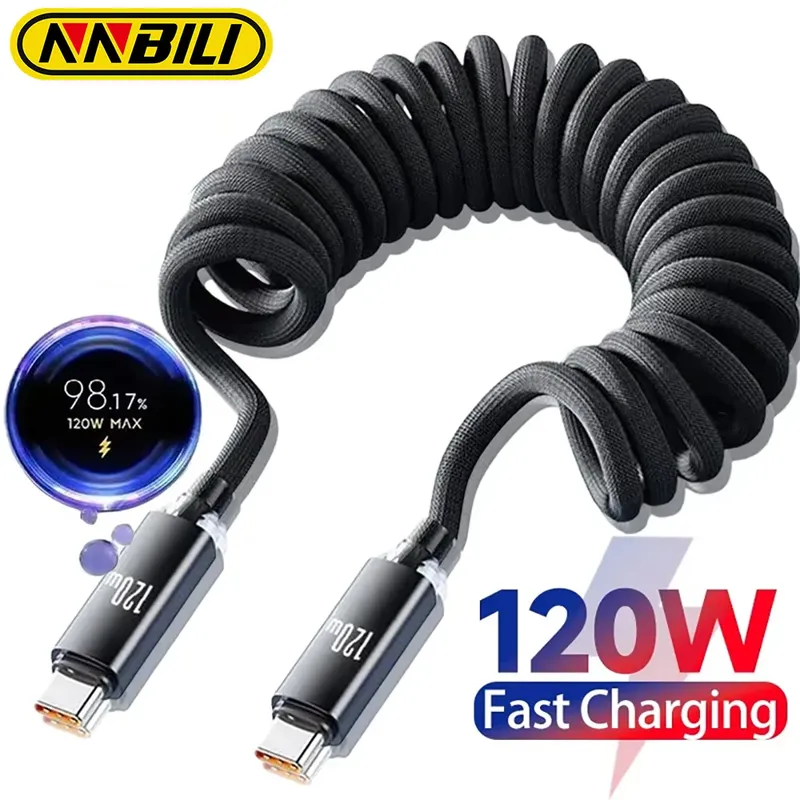 NNBILI 120 W Auto Typ C auf USB C Schnellladung für iPhone 17 16 USB A auf Typ C Feder-Teleskopkabel für Samsung Xiaomi Huawei