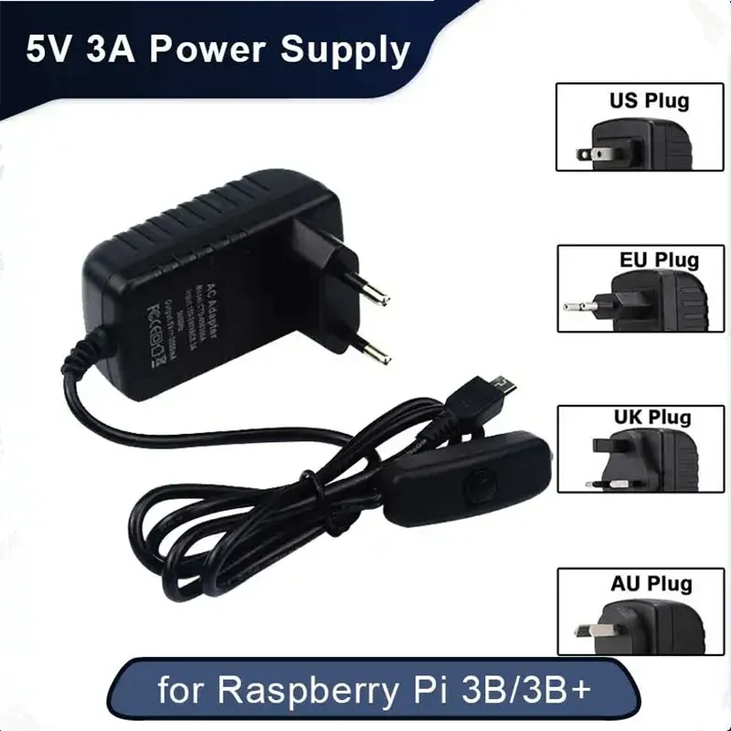 5V 3A Raspberry Pi 3B+ 3B Netzteil mit Schalterknopf Netzteil Micro-USB-Anschluss für Pi Zero 2W Orange Pi Zero 3 LTS