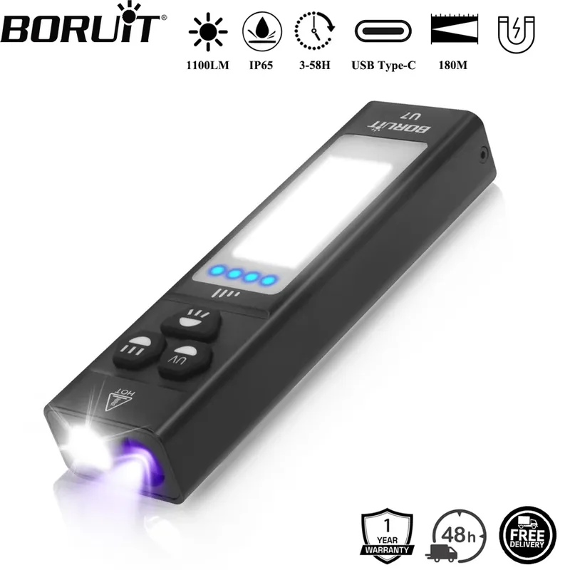 BORUiT U7 UV-LED-EDC-Taschenlampe, 1100 lm, Typ C, wiederaufladbar, Powerbank, Arbeitslicht, Taschenlampe mit Magnet, Camping-Taschenlaterne