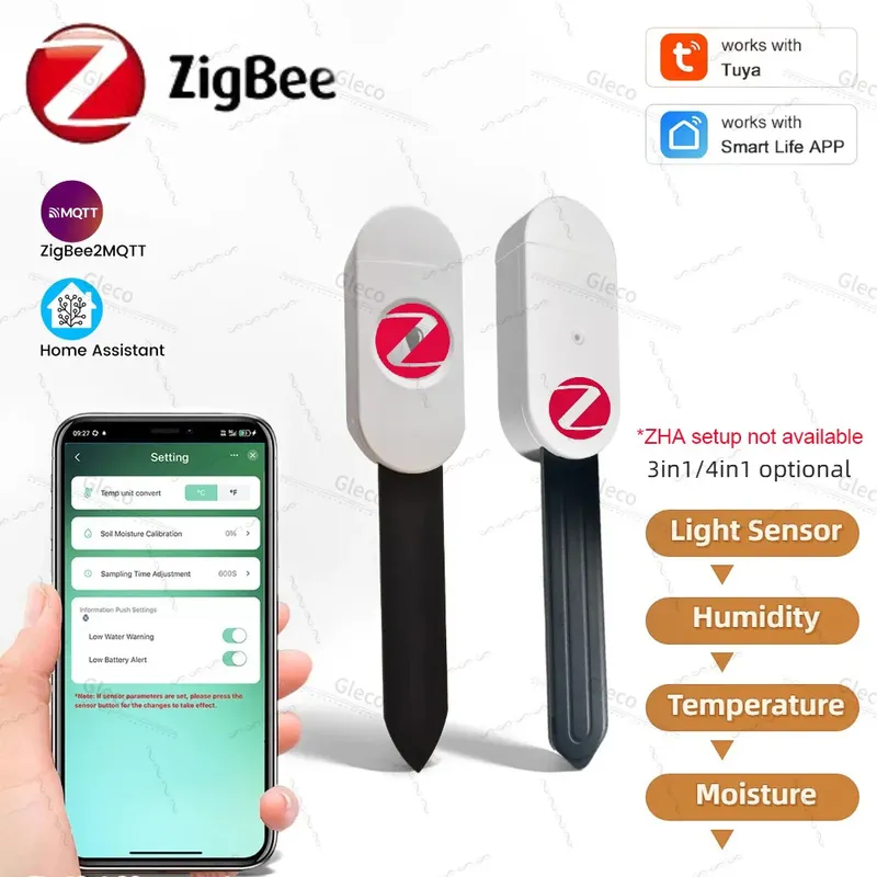 3-in-1/4-in-1 Zigbee Bodenfeuchtigkeitssensor, Luftfeuchtigkeitsmesser, Temperaturtester, Lichtdetektor, funktioniert mit Tuya Smart Life 2MQTT HA