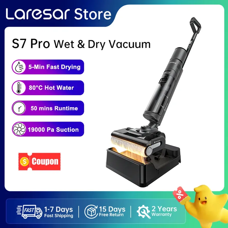 Laresar S7 Pro Kabelloser Nass- und Trockenstaubsauger, Wischmop, Lay-Flat-Reinigung, 5-Min-Schnelltrocknung, 80°C Selbstreinigung, 19000 Pa Saugleistung, Anti-Verheddern, 50 Min Laufzeit, Bodenreiniger für Zuhause