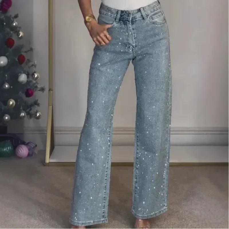 2025 Frauen Jeans Gerade Diamanten Hosen Stretch Hohe Taille Gewaschen Mom Jeans Y2k Streetwear Hosen Vintage Denims Streetwear