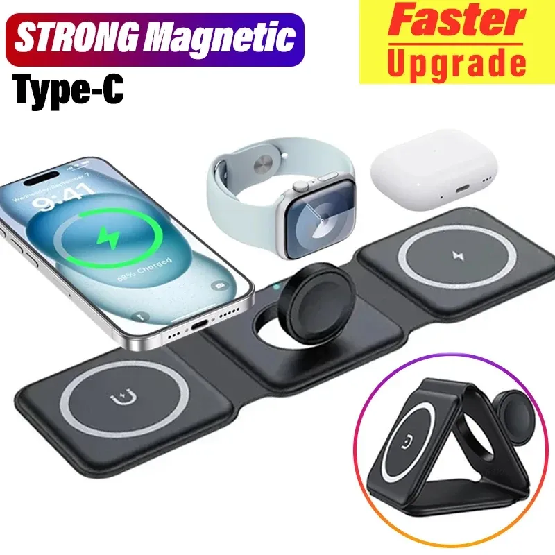 3-in-1 magnetisches tragbares kabelloses Ladegerät für iPhone 16 15 14 13 12 Pro Max Apple Watch AirPods Schnellladestation