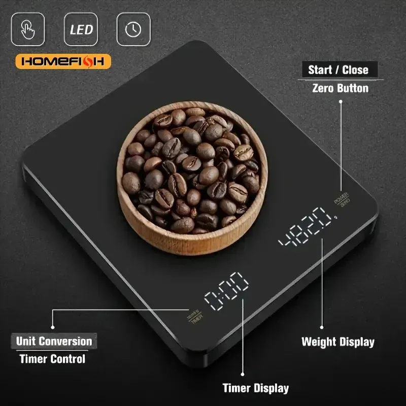 KC2 Digitale wiederaufladbare Kaffeewaage mit Timer, LED-Bildschirm, Espresso, USB, 0,1 g bis 3 kg, hochpräzise Mess- und Küchenwaage