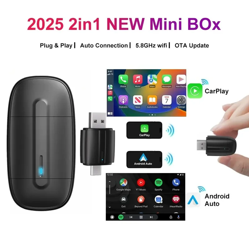FLIXIVI 2-in-1 Wireless CarPlay/Android Auto Wireless Dual Interface USB/TYPE-C Adapter Mini Box Plug Fast Connect Universal