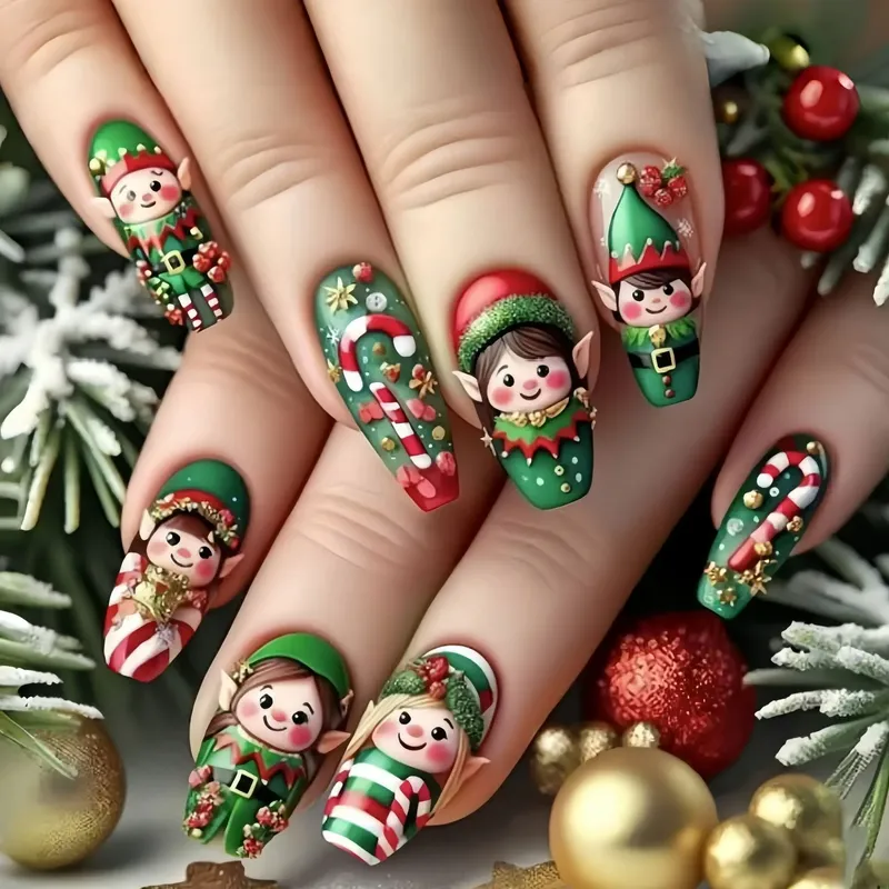 Mittlere künstliche Nägel für die Weihnachtsfeier, Schneeflocken, Weihnachtsbaum, Weihnachtsmann, Elf, Alsmond, quadratische Spitzen, zum Aufdrücken des falschen Nagelkunst-Sets