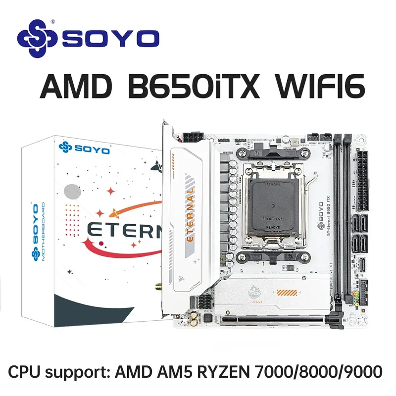 SOYO B650ITX AMD Motherboard AMD Ryzen AM5 DDR5 Unterstützt CPU 7000 8000 9000 Prozessoren Pcie5.0x16 Pcie4.0x4 M.2 ARGB WIFI6