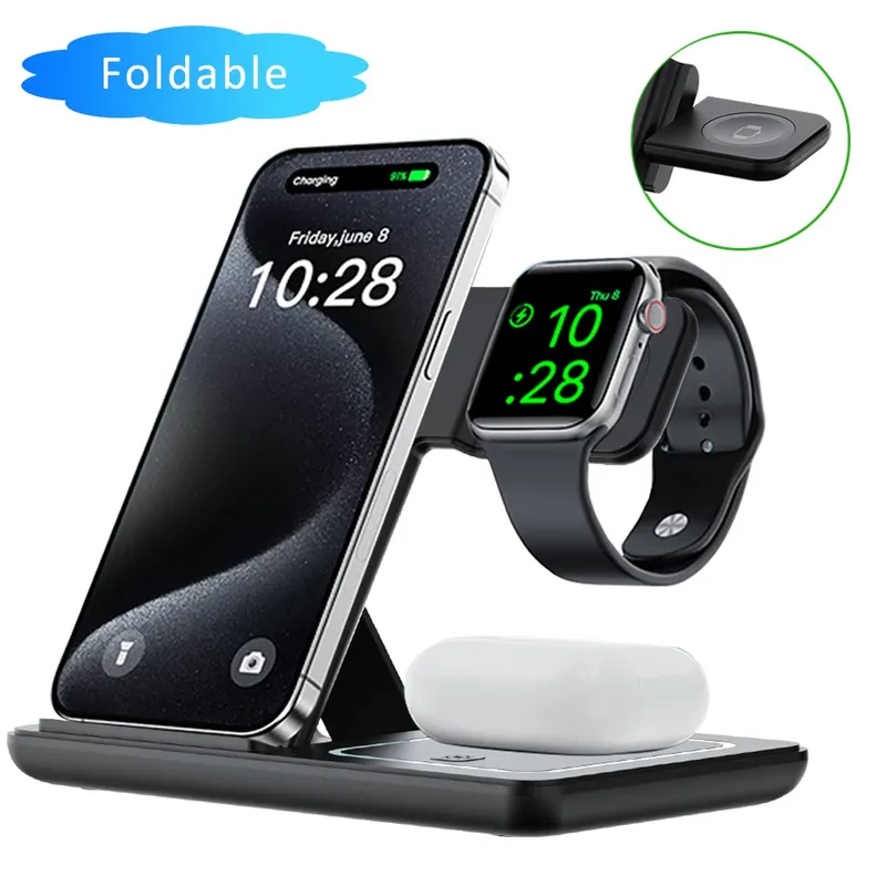 Faltbare 30W 3-in-1 Nacht-LED-Leuchte mit kabellosem Ladeständer für iPhone 17 Pro, Apple Watch 2-8 SE, Airpods – Schnelle Ladestation