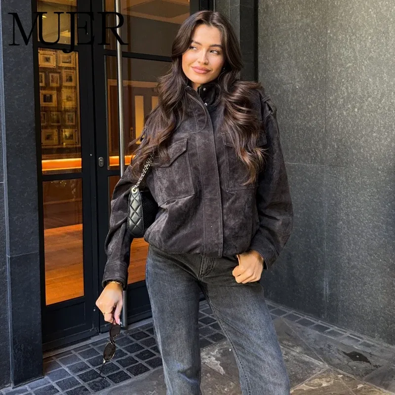 MUJER Wildleder-Bomberjacke für Damen, übergroße Halbsaison-Jacken für Damen, Oberbekleidung, Wintermantel, weiblich, Reißverschluss, Damenjacken