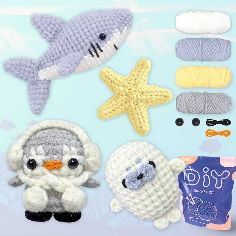 YAMAXIN 4-teiliges DIY-Häkelset für Anfänger mit Meerestier-Motiv, einfaches Bastelwerkzeug-Set, Kunsthandwerk, Stricken