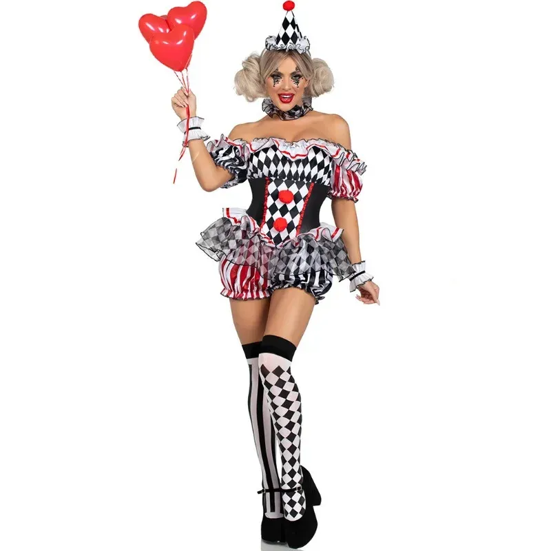 Frauen Clown Cosplay Kostüm Zirkus Leistung Outfit Rolle Spielen Uniform Halloween Party Karneval Narr Kleid Theater Bühne Anzug