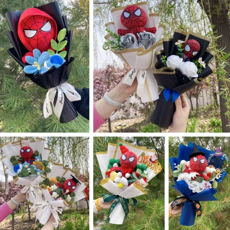 Superheld Spider-Man gefüllte Plüschpuppen, kreative handgefertigte Blumensträuße für Jungen, Abschlussfeier, Weihnachten, Geburtstagsgeschenke