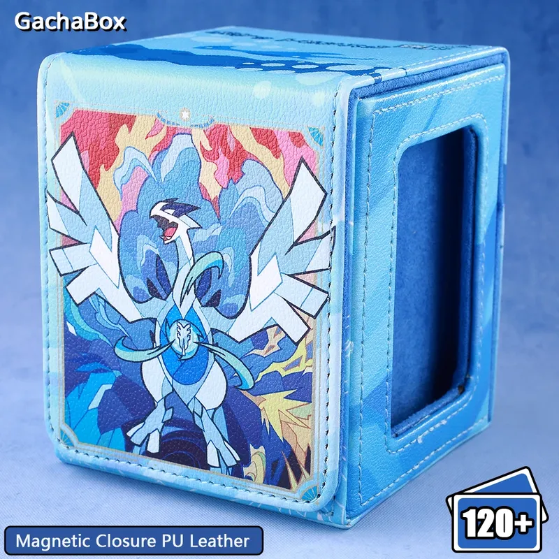 120+ Lugia inspirierte Design-Deckbox, Ausstellungsfenster für Wertsachen, Magnetverschluss, PU-Ledertasche für PTCG YGO TCGMTG-Karten