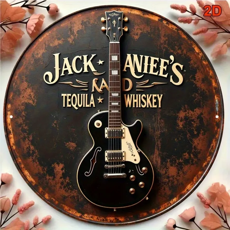 2D Flat, 1 Stück Vintage Gitarre & Tequila Whiskey Metall Wanddekoration – Retro-Barschild mit E-Gitarrenkunst – rustikale Country-Musik