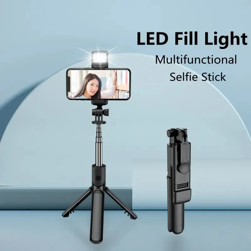 Drahtloses Bluetooth-Selfie-Stick-Stativ mit ausziehbarem Fernstativ mit abnehmbarem LED-Selfie-Licht für iOS und Android-Smartphones
